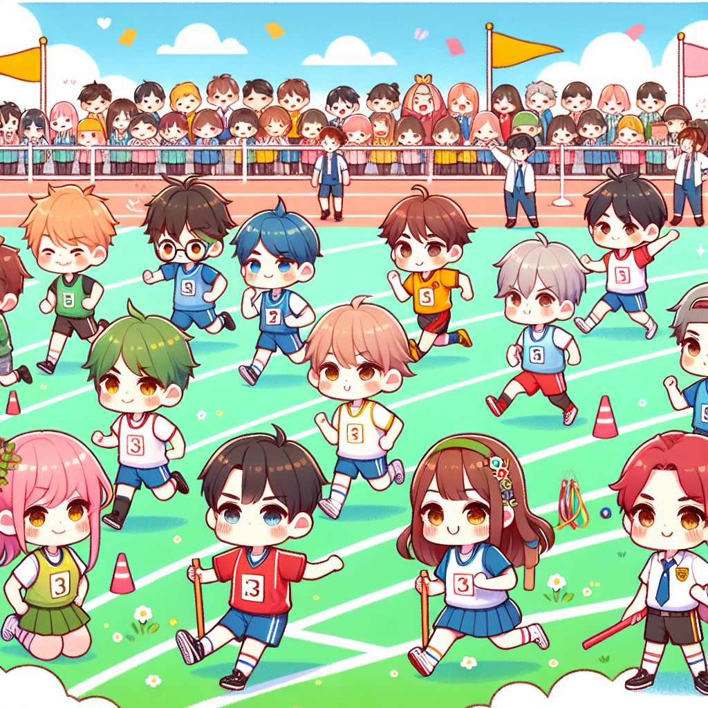 A cute illustration of a high school sports festival with both male and female students